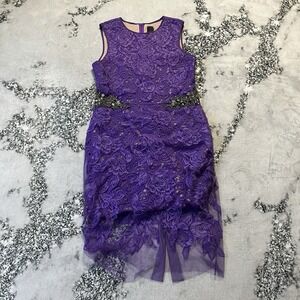 Vera Wang Dress Womens Size 10 Purple Overlay Lace Crystal Beading Embellished